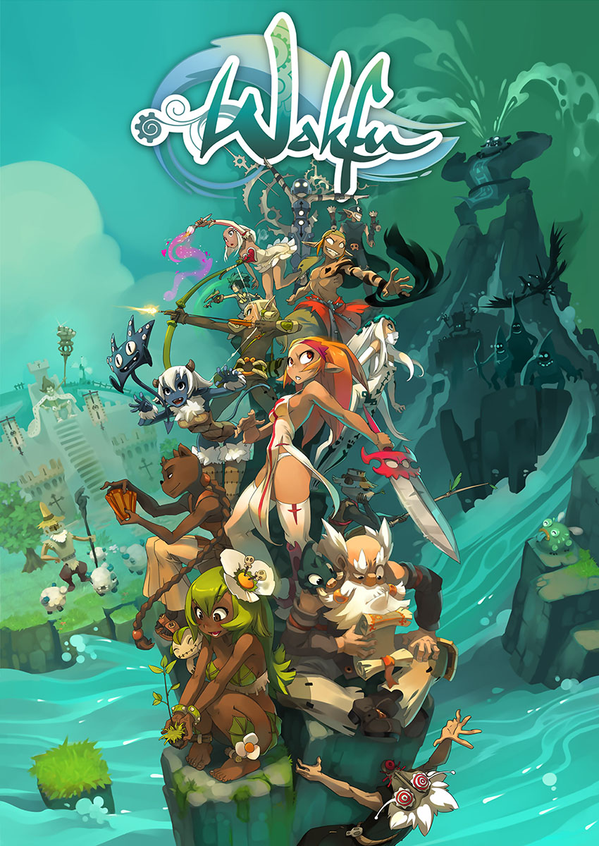 Vibrant Wakfu style manga art depicting diverse characters in a lush fantasy landscape.